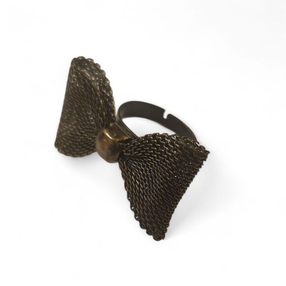 Vintage Bronze Metal Mesh Bow Ring Adjustable Band Retro Statement Cocktail Y2K - Picture 6 of 7